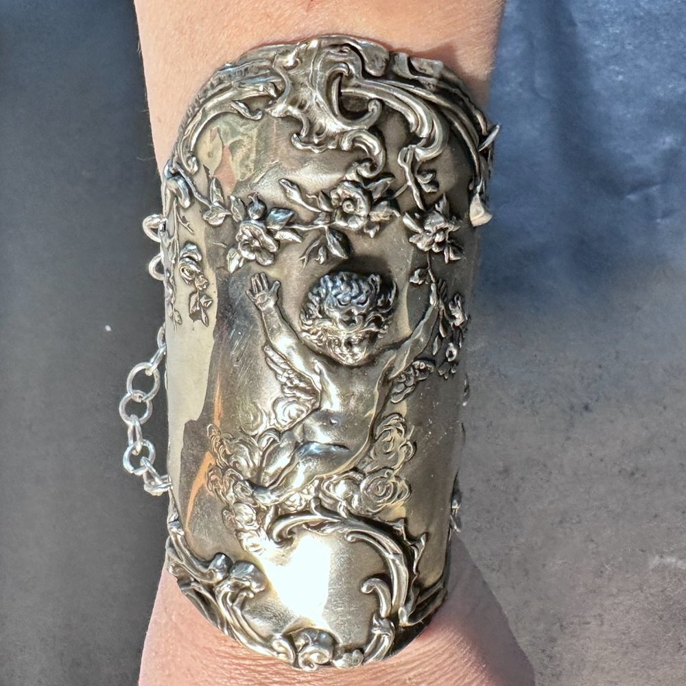 Antique Sterling Silver Cherub Gladiator Cuff Bracelet Victorian Art Nouveau